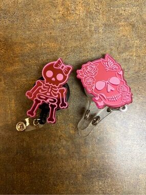 Pink Skull Badge Reel Clip bundle - Cute Skeleton & Skull